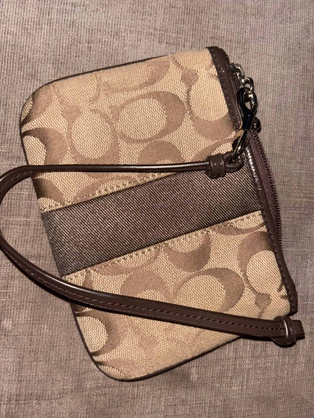 Coach Brown Signature Canvas Wristlet with Dark Brown Trim